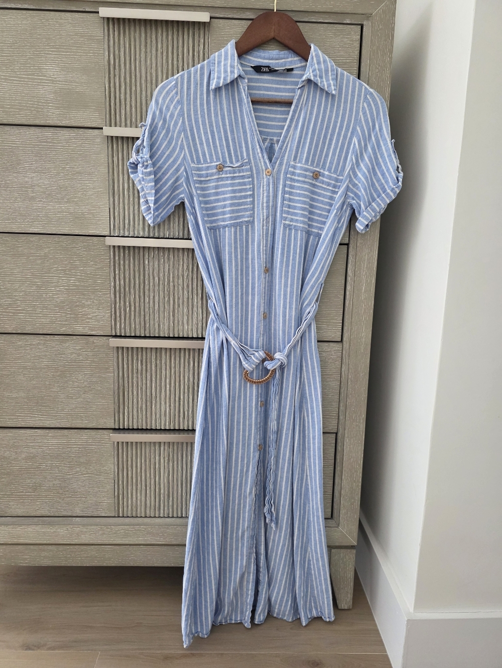 ZARA Blue & White Striped Shirt Dress Belted XS (US 0–2)